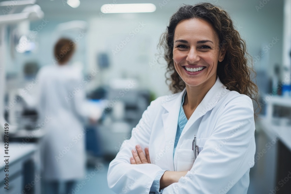 A smiling female scientist in a laboratory setting presents confidence and professionalism. She wears a white coat, embodying dedication to research and healthcare.
