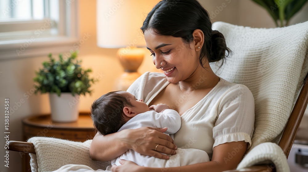 An Indian Mother Breastfeeding Her Infant in a Peaceful and Cozy Home