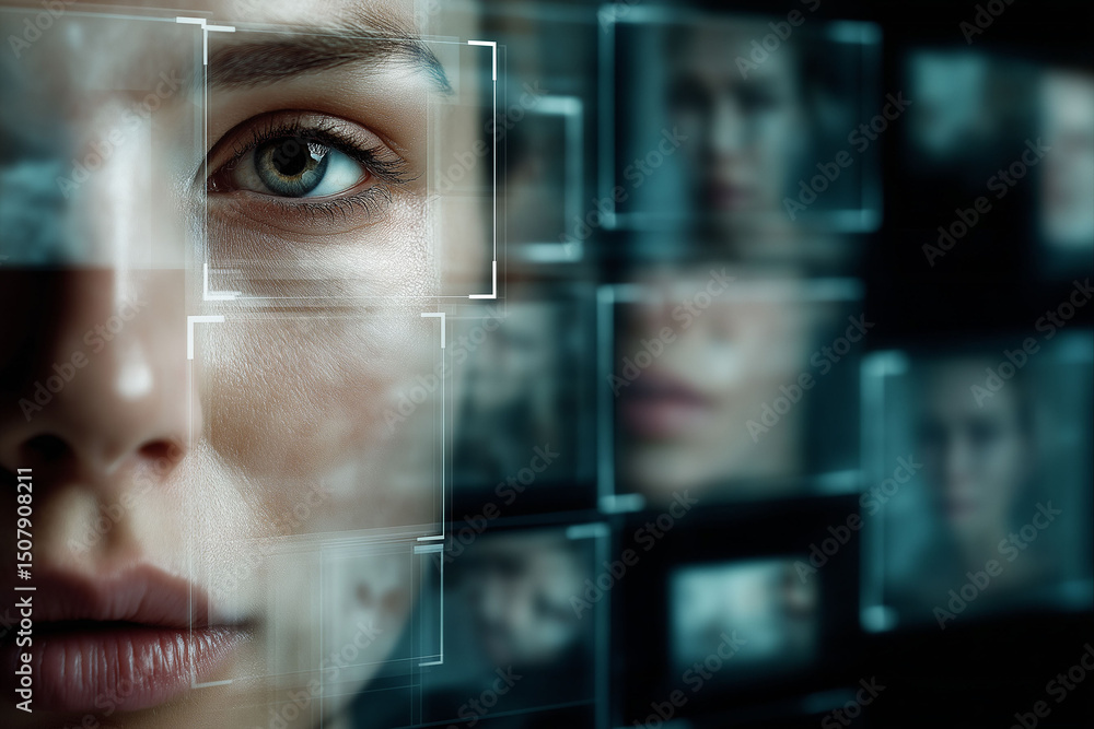 Deepfake cyber attack. Close-up of AI algorithm modifying facial expressions in a digital artwork.