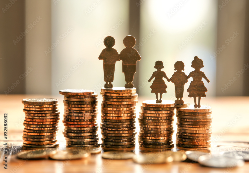 Family Financial Security: A paper family silhouette stands atop stacks of coins, symbolizing the importance of financial planning for a secure future.