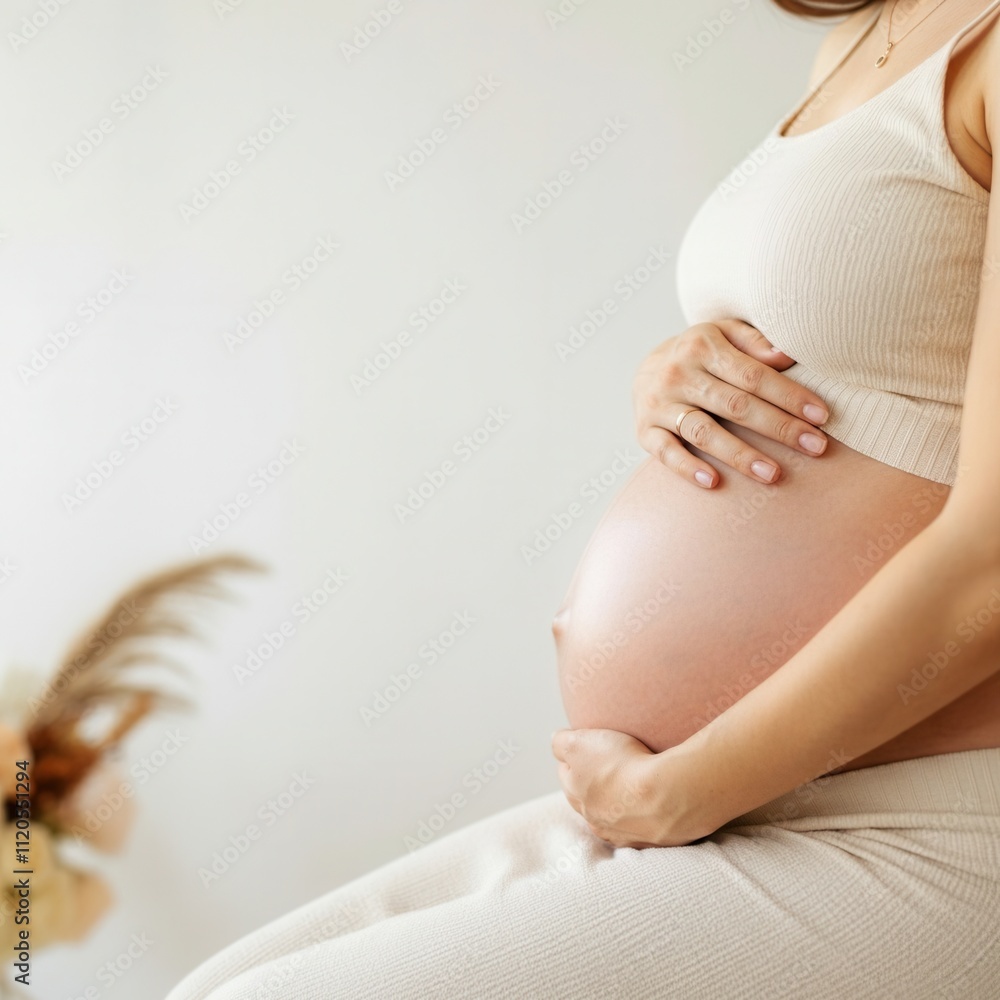 Pregnant woman in beige outfit gently cradling her belly, symbolizing motherhood and care, AI