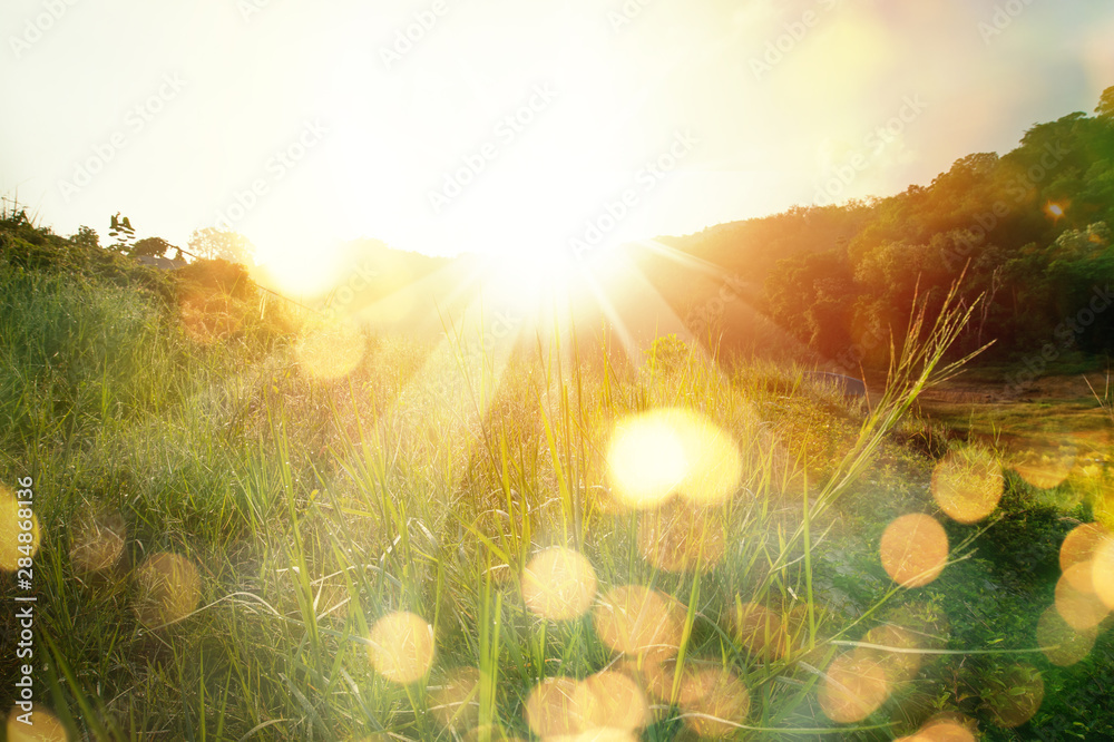Beautiful sunrise in the mountain..Meadow landscape refreshment with sunray and golden bokeh.