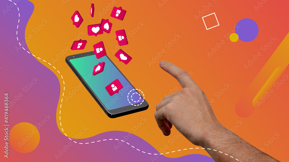 Conceptual contemporary art collage. Concept of social media interaction. Hand tapping a smartphone.