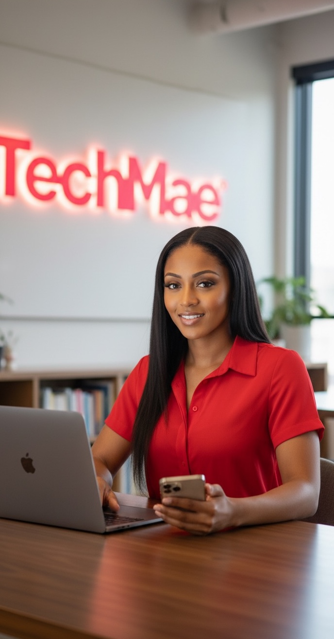 Pamela Nicole Hibbler, CEO of TechMae sitting in front of an apple laptop computer and holding a mobile phone.